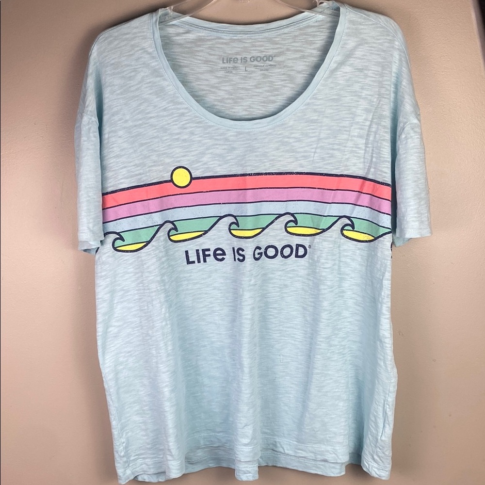 Life Is Good slub knit Sky Blue Wave Graphic Tee L